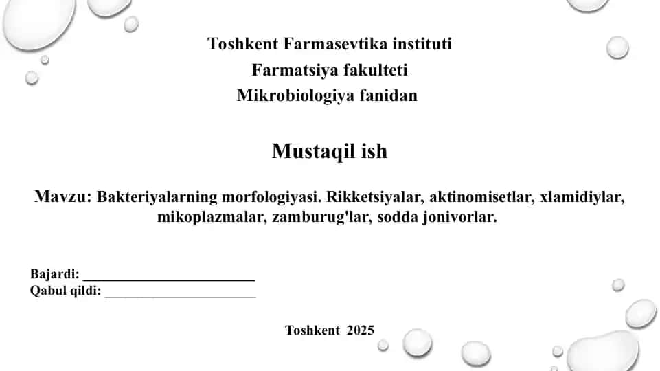 Bakteriyalarning morfologiyasi. Rikketsiyalar, aktinomisetlar, xlamidiylar, mikoplazmalar, zamburug'lar, sodda jonivorlar. Taqdimot 13 bet.