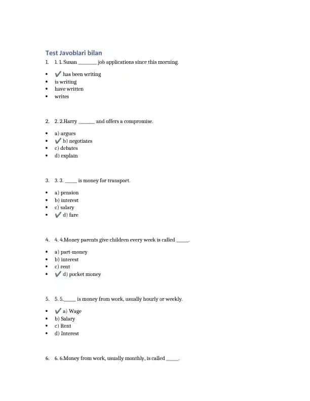 Test Javoblari bilan