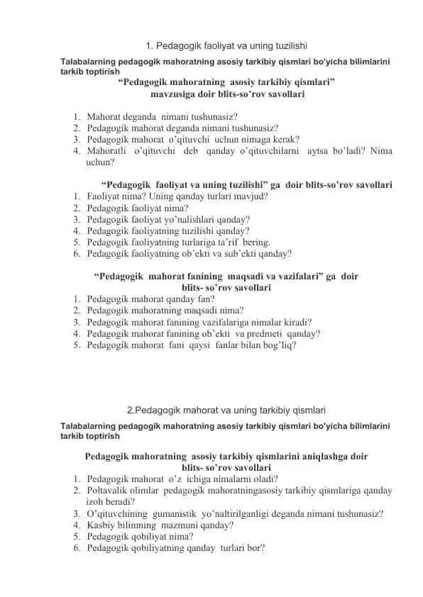 Pedagogik faoliyat va uning tuzilishi blis so'rov savollar