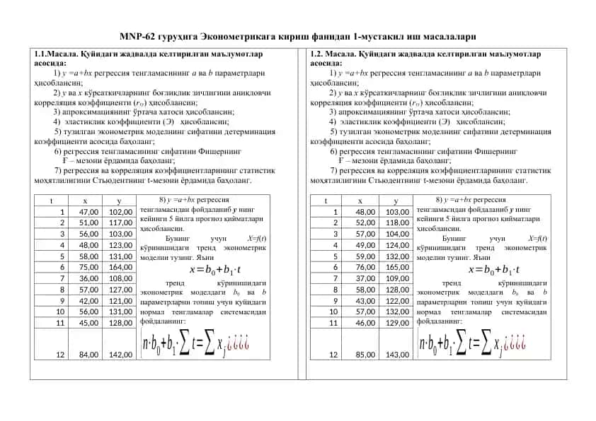 Эконометрикага кириш фанидан 1-мустакил иш масалалари