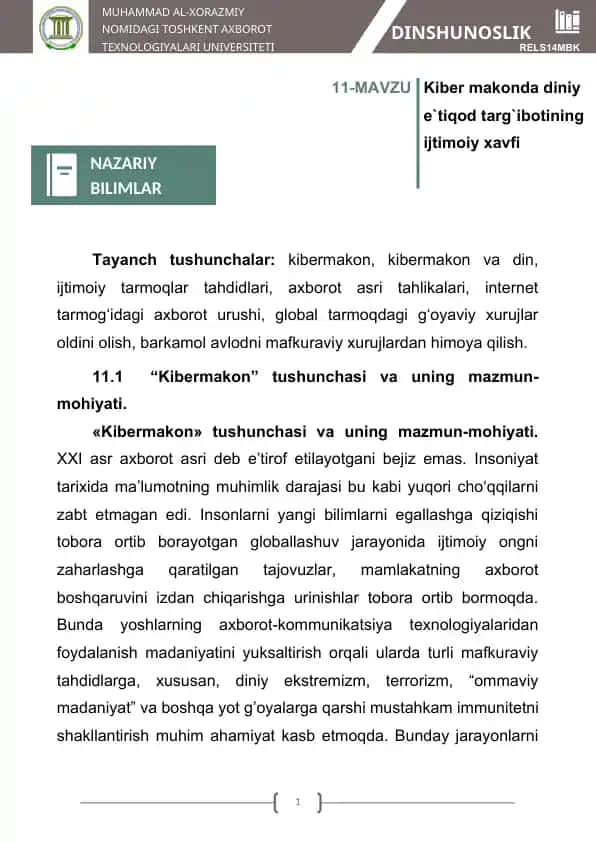 Kiber makonda diniy e`tiqod targ`ibotining ijtimoiy xavfi