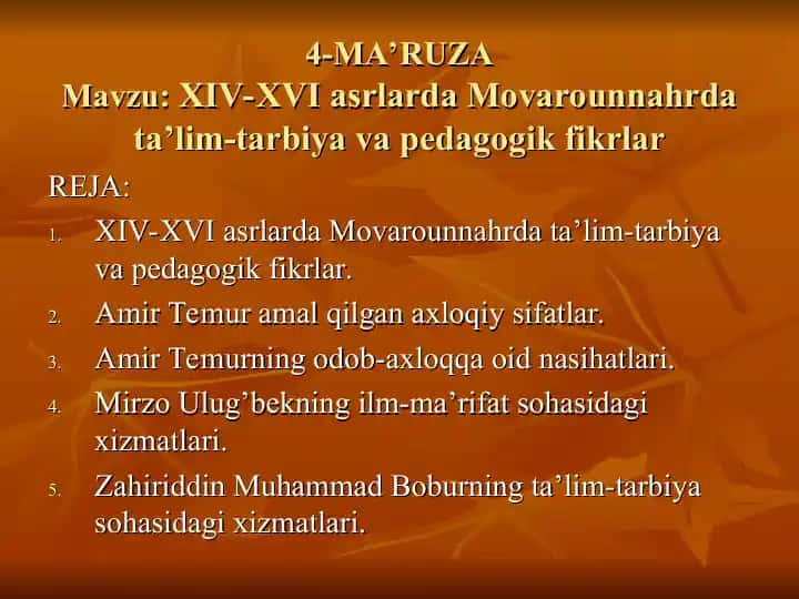 XIV-XVI asrlarda Movarounnahrda Ta'lim-tarbiya va Pedagogik Fikrlar