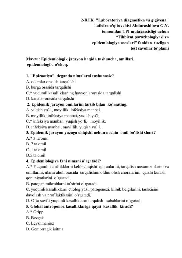 Laboratoriya diagnostika va gigiyena test savollari to'plami
