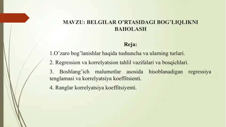 BELGILAR O’RTASIDAGI BOG’LIQLIKNI BAHOLASH