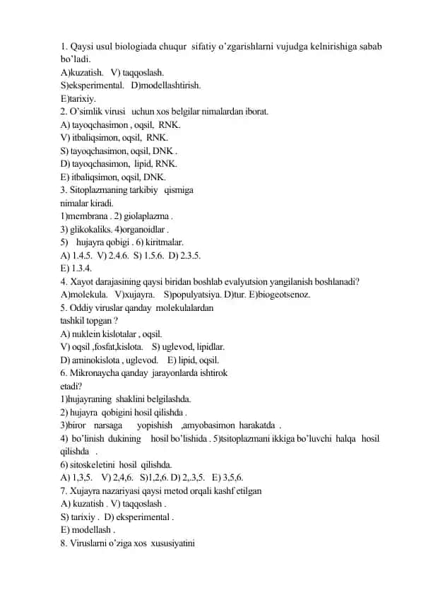 Biologiya test savollari