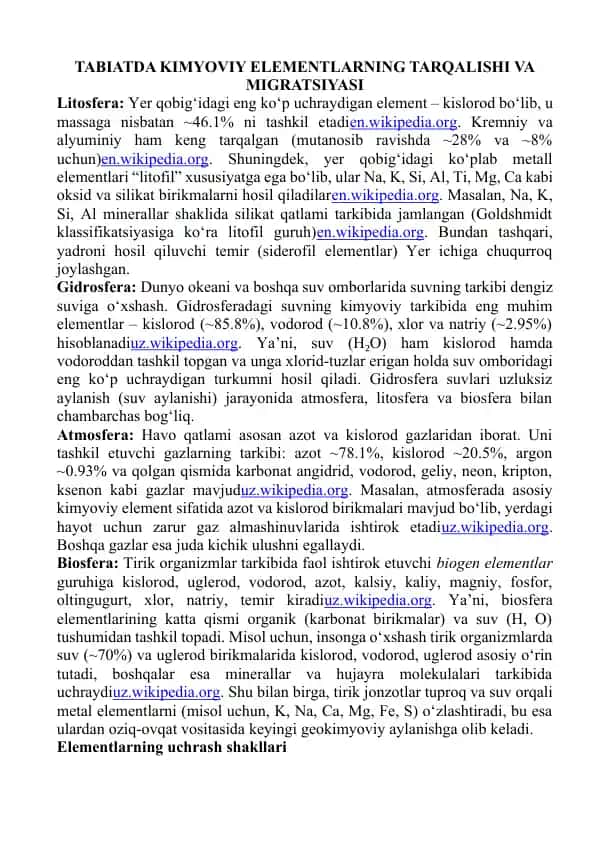 TABIATDA KIMYOVIY ELEMENTLARNING TARQALISHI VA MIGRATSIYASI