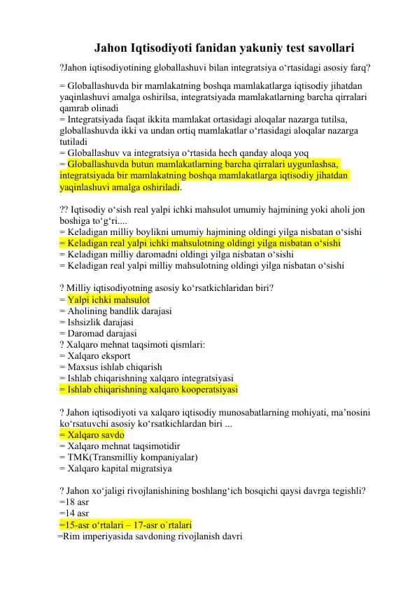 Jahon Iqtisodiyoti fanidan yakuniy test savollari