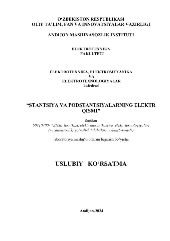 Laboratoriya mashg'ulotlari uchun uslubiy ko'rsatma