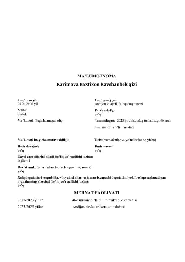 Karimova Baxtixon Ravshanbek qizi
