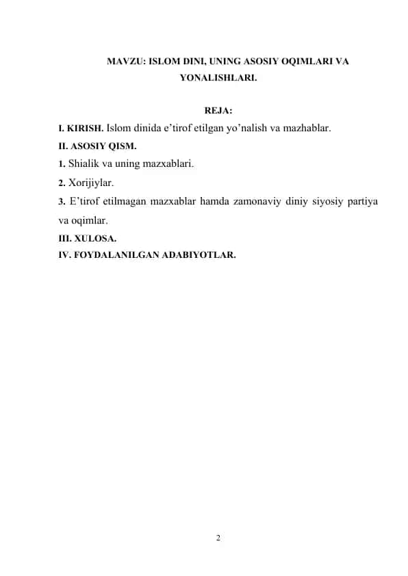 Islom Dini, uning asosiy oqimlari va yonalishlari