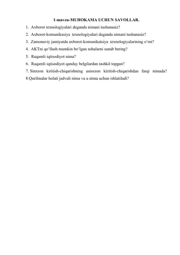 Muhokama uchun savollar