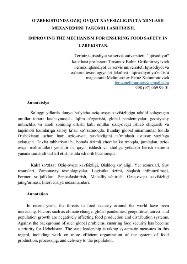 OʻZBEKISTONDA OZIQ-OVQAT XAVFSIZLIGINI TAʼMINLASH MEXANIZMINI TAKOMILLASHTIRISH