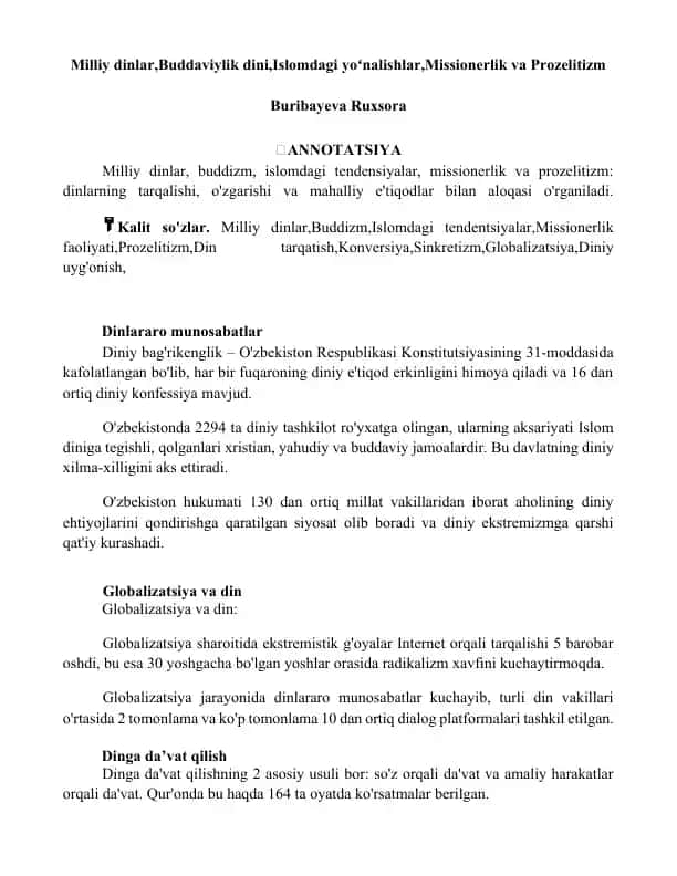 Milliy dinlar, Buddaviylik dini, Islomdagi yoʻnalishlar, Missionerlik va Prozelitizm