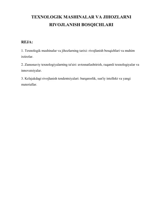 Texnologik Mashinalar va Jihozlarni Rivojlanish Bosqichlari
