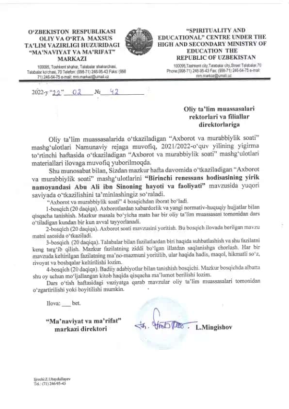 "Axborot va murabbiylik soati" mashg'ulotlari materiallari