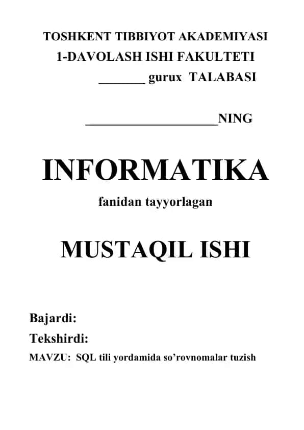 SQL tili yordamida so’rovnomalar tuzish