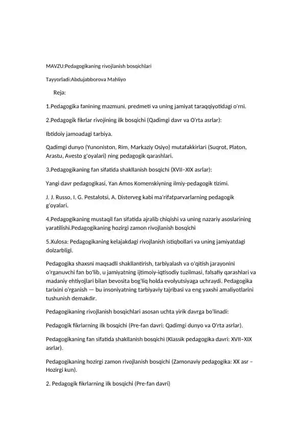 Pedagogikaning rivojlanish bosqichlari
