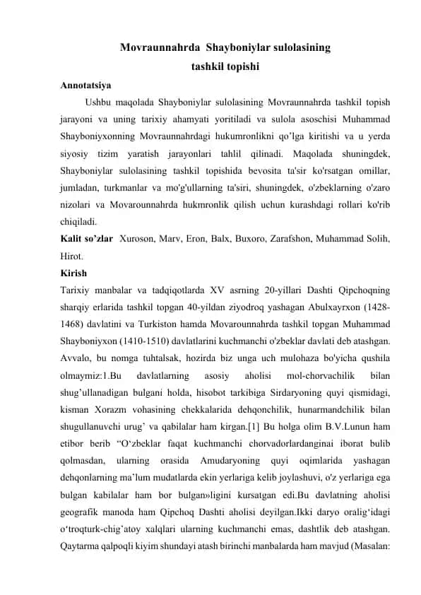 Shayboniylar sulolasining Movraunnahrda tashkil topishi