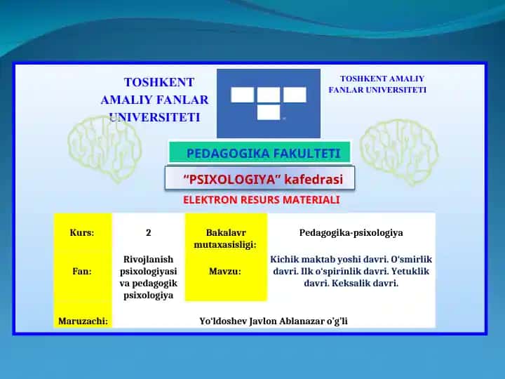 Elektron resurs materiali: Kichik maktab yoshida bilish sohasining rivojlanishi xos xususiyatlari