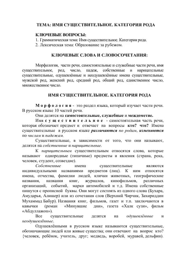 Имя существительное. Категория рода