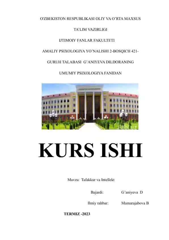 Amaliy Psixologiya fanidan "Tafakkur va Intellekt" mavzusidagi kurs ishi