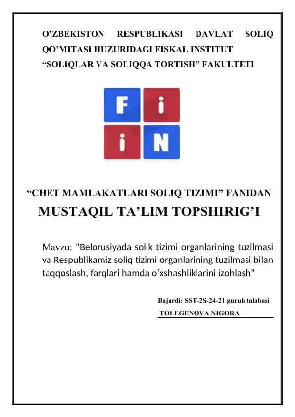 O’ZBEKISTON RESPUBLIKASI DAVLAT SOLIQ QO’MITASI HUZURIDAGI FISKAL INSTITUT “SOLIQLAR VA SOLIQQA TORTISH” FAKULTETI
