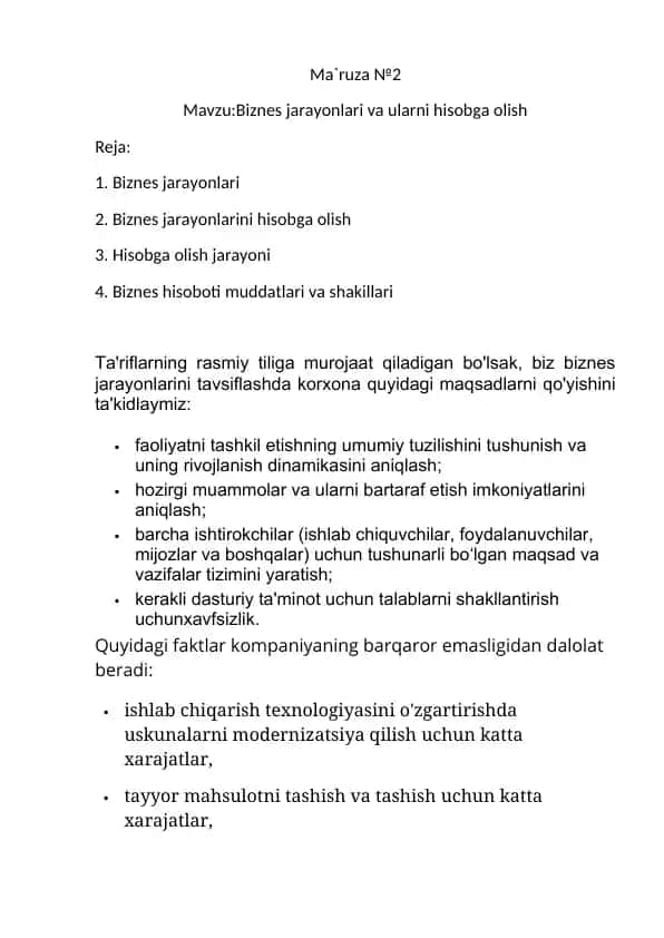 Biznes jarayonlari va ularni hisobga olish