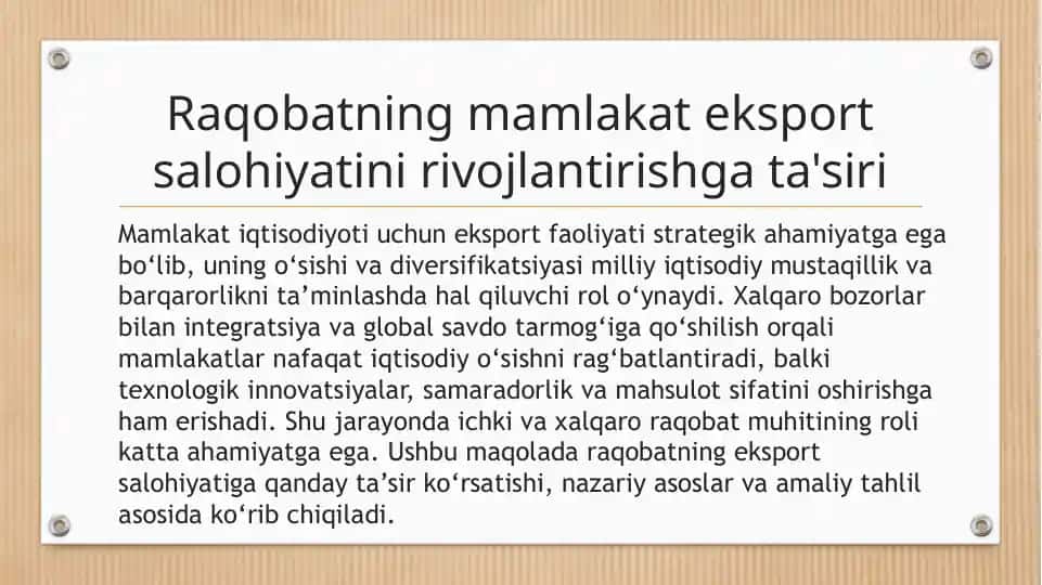 Raqobatning mamlakat eksport salohiyatini rivojlantirishga ta'siri