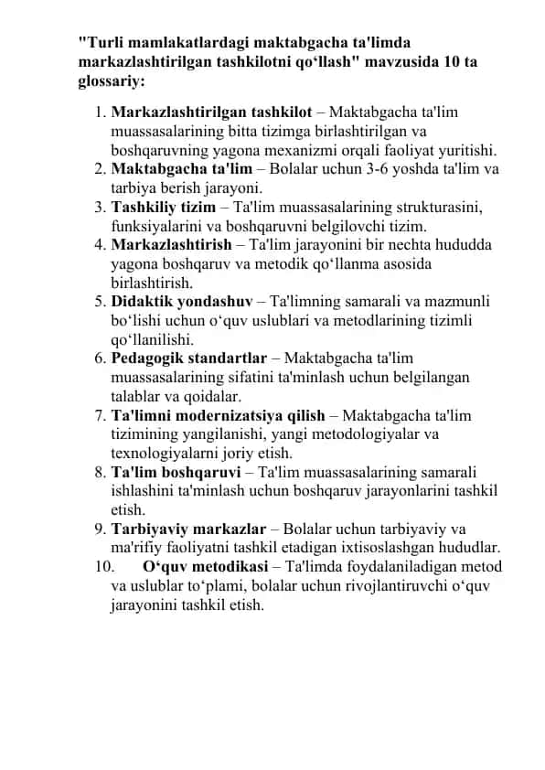 Maktabgacha ta'limda markazlashtirilgan tashkilot
