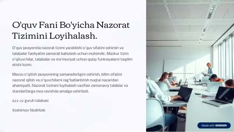 O'quv Fani Bo'yicha Nazorat Tizimini Loyihalash