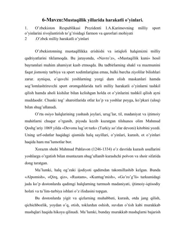 Harakatli o’yinlar va milliy o’yinlar