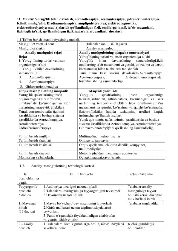 Yorug’lik bilan davolash, aerozolterapiya, aeroionterapiya, gidroaeroionterapiya