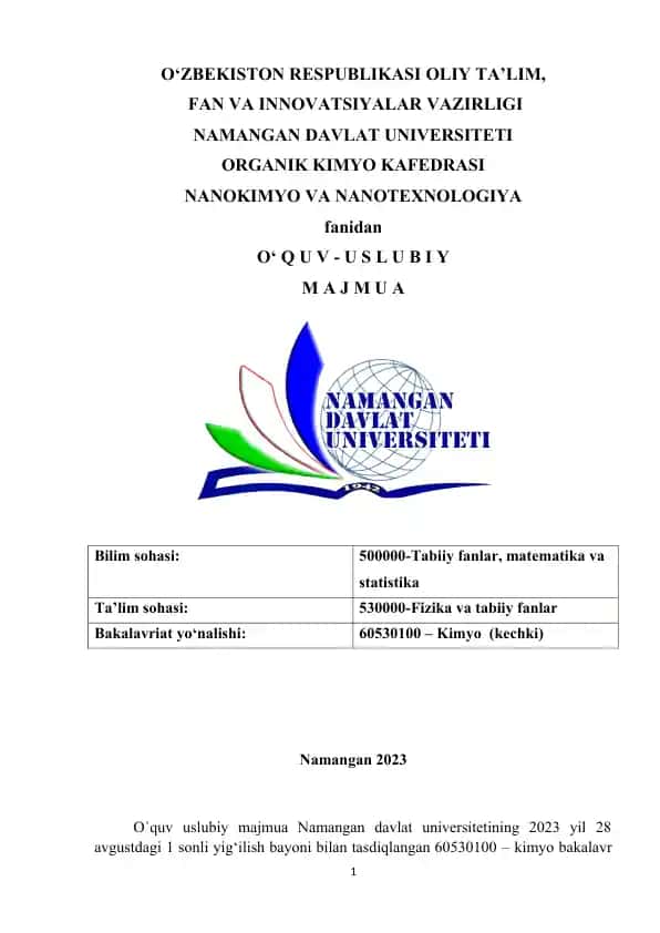O‘quv-uslubiy majmua: Nanokimyo va nanotexnologiya fanidan