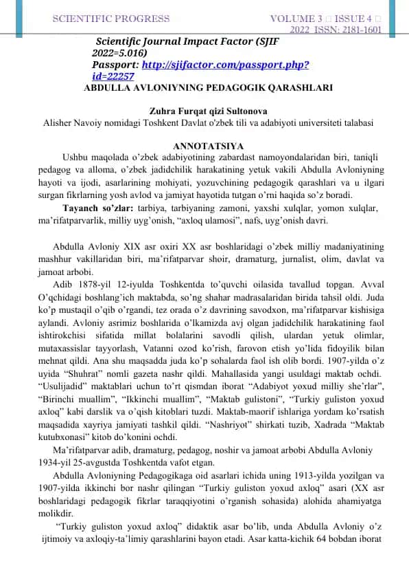 Abdulla Avloniynining Pedagogik Qarashlari
