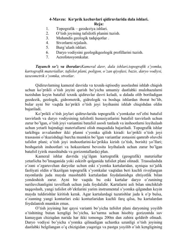 Ko‘prik kechuvlari qidiruvlari dala ishlari