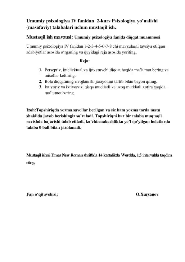 Umumiy psixologiya fani III-VI kurs talabalari uchun maʼlumotlar toʻplami