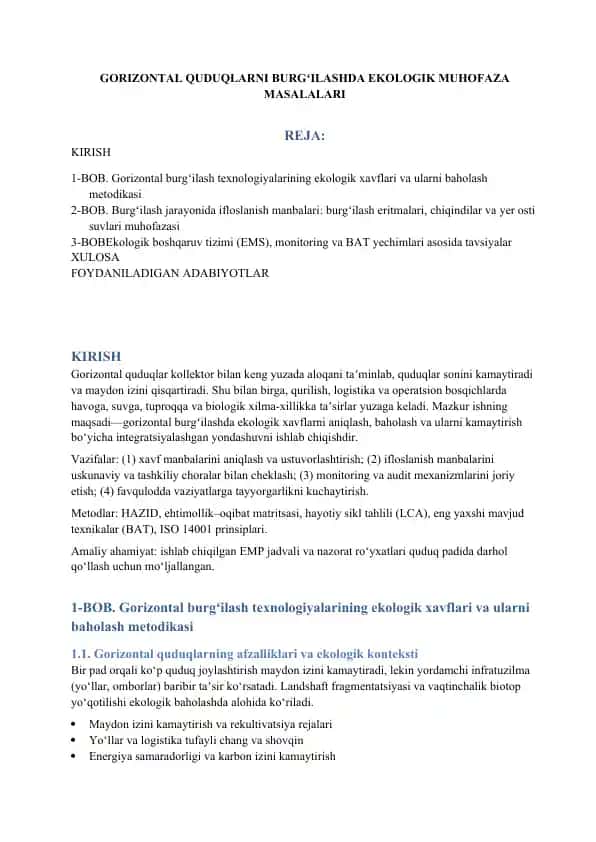 Gorizontal Quduqlarni Burgʻilashda Ekologik Muhofaza Masalalari