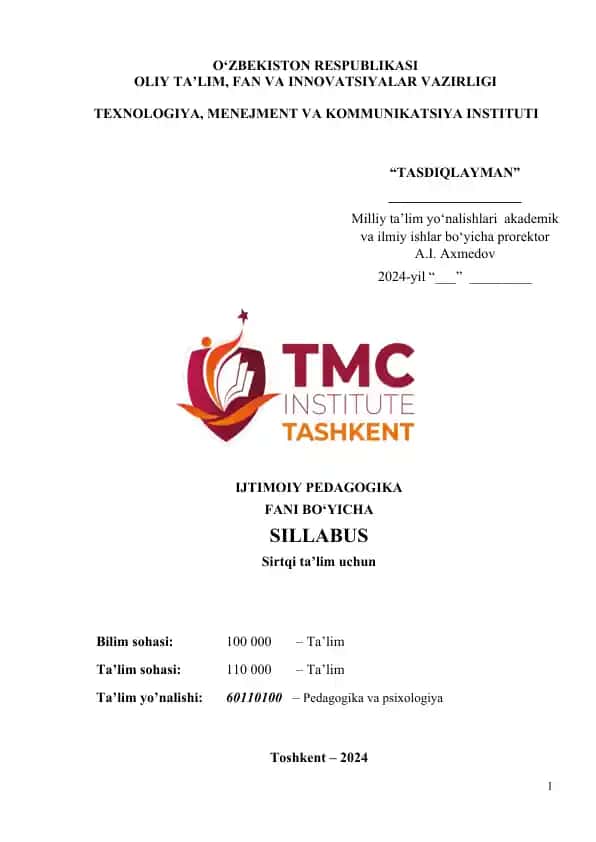 Ijtimoiy pedagogika modulini tasdiqlash "TASDIQLAYMAN"