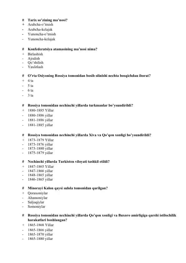 Tarix savollari to‘plami