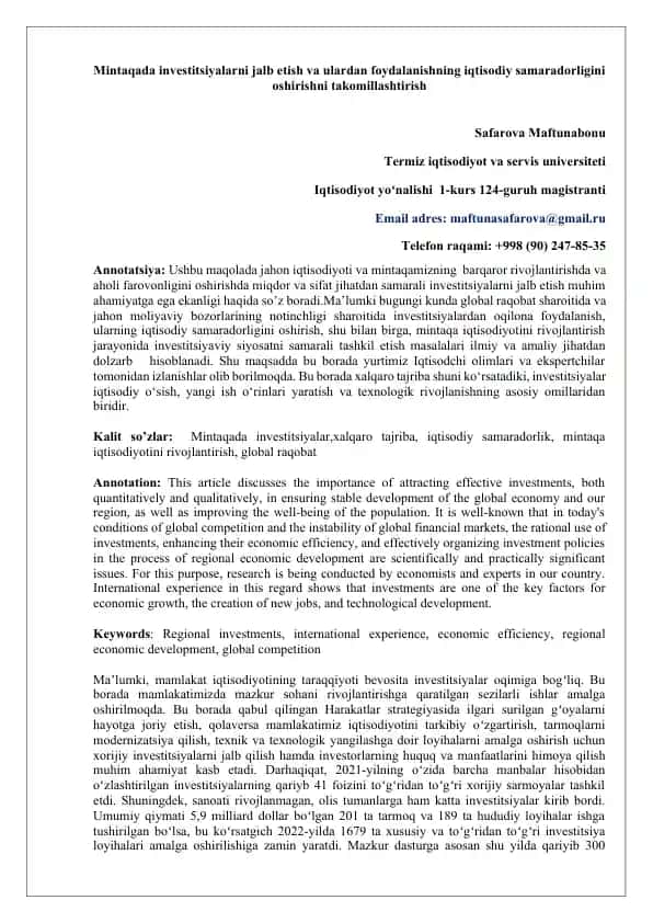 Investitsiyalarni jalb etish va ulardan foydalanishning iqtisodiy samaradorligini oshirishni takomillashtirish
