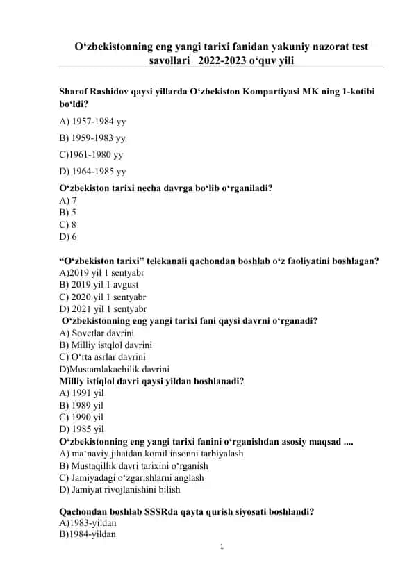 O‘zbekistonning eng yangi tarixi fanidan yakuniy nazorat test savollari 2022-2023 o‘quv yili