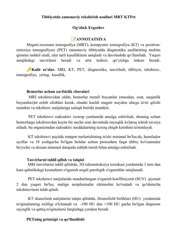 Tibbiyotda zamonaviy tekshirish usullari MRT KTPet