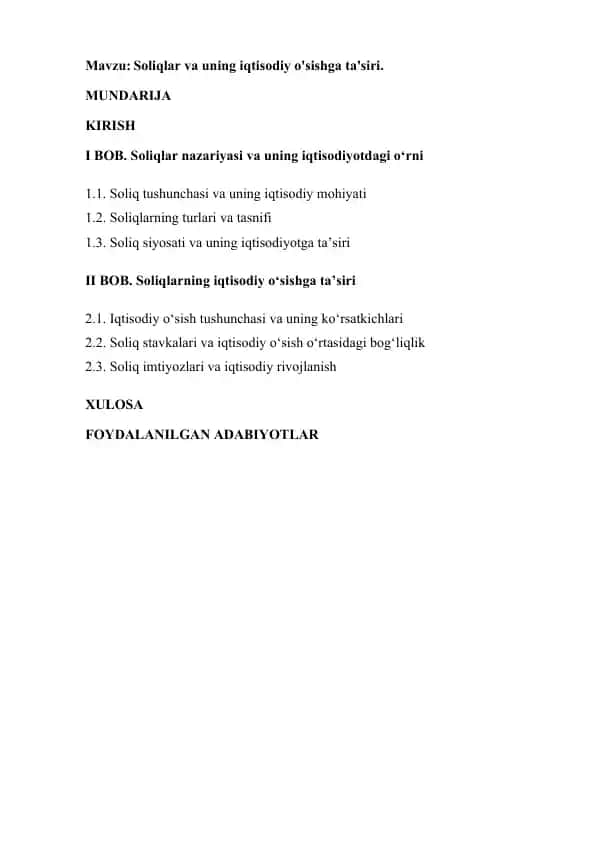 Soliqlar va uning iqtisodiy o'sishga ta'siri