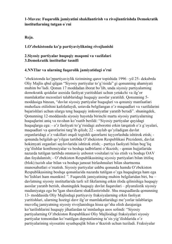 Siyosiy partiyalar huquqiy maqomi va vazifalari