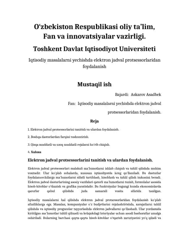 Elektron jadval protsessorlaridan foydalanish