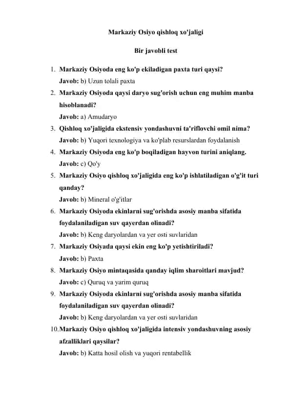 Markaziy Osiyo qishloq xo'jaligi taqdimoti