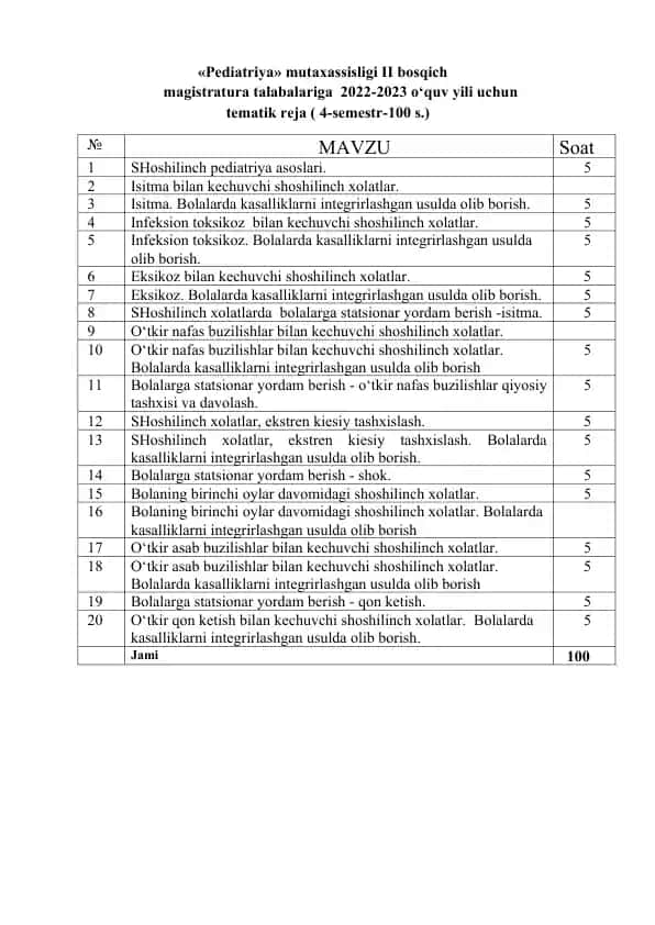 "Pediatriya mutaxassisligi II bosqich magistratura talabalariga 2022-2023 o‘quv yili uchun tematik reja (4-semestr-100 s.)"