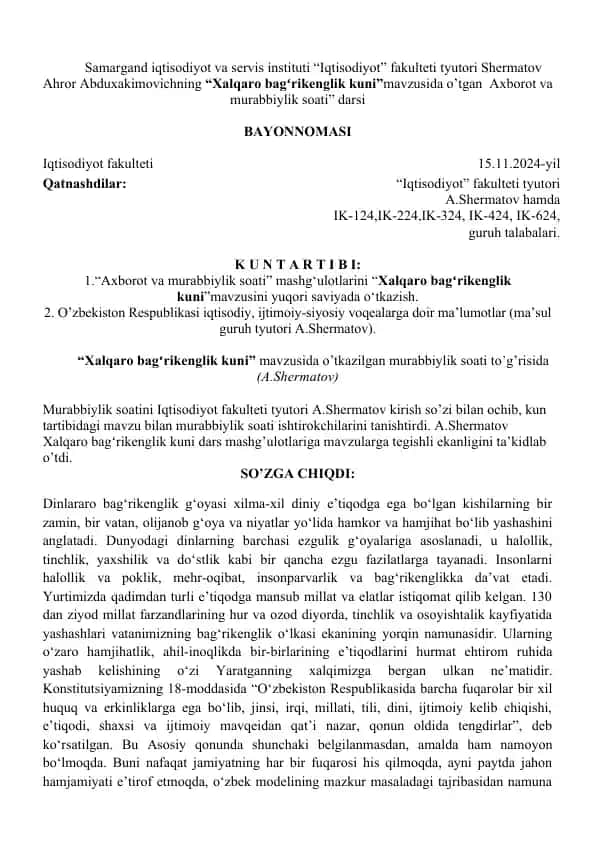 "Xalqaro bagʻrikenglik kuni" mavzusida murabbiylik soati