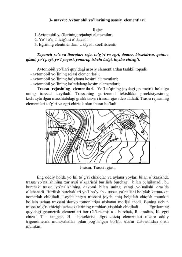 Avtomobil yo'llarining asosiy еlementlari