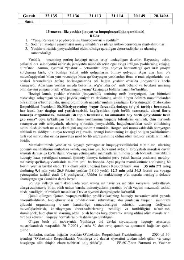 "Yoshlar jinoyat va huquqbuzarlikka qarshi"